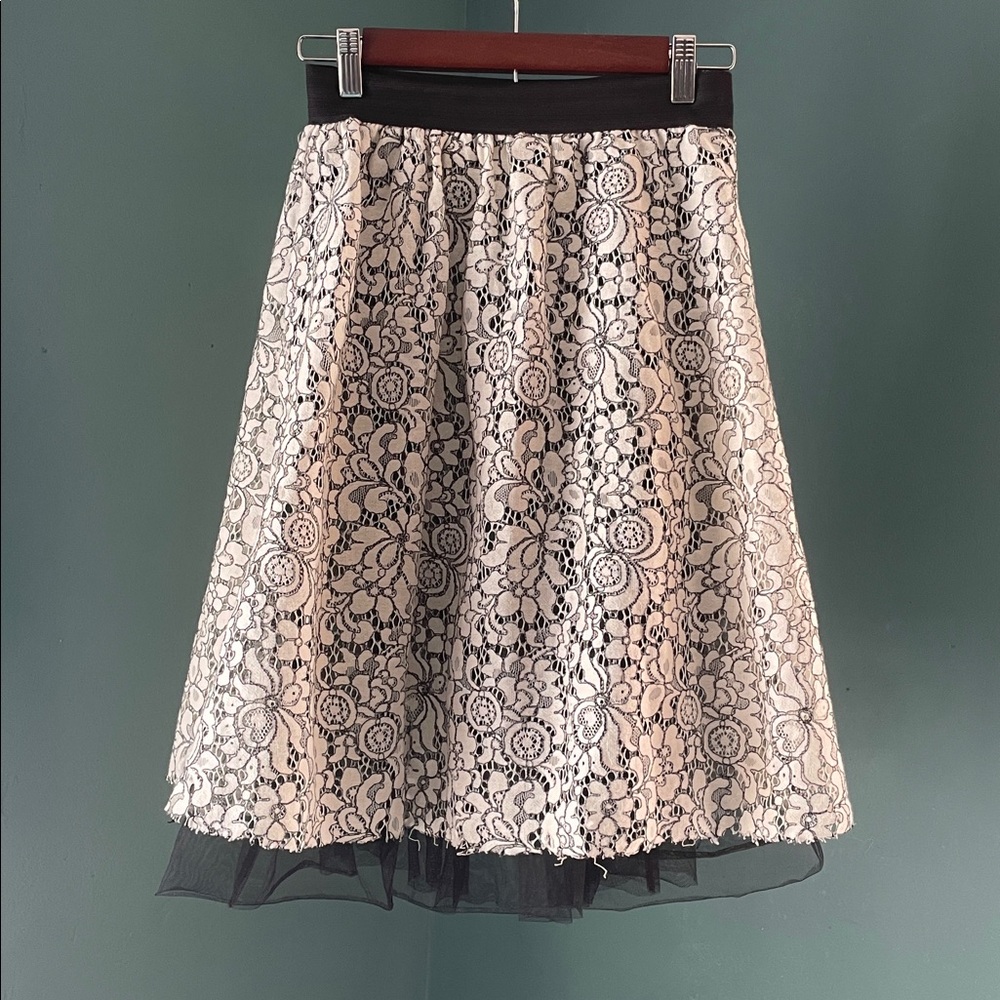 Black and White Lace Skater Skirt raw edge lace and tulle, Italian made
